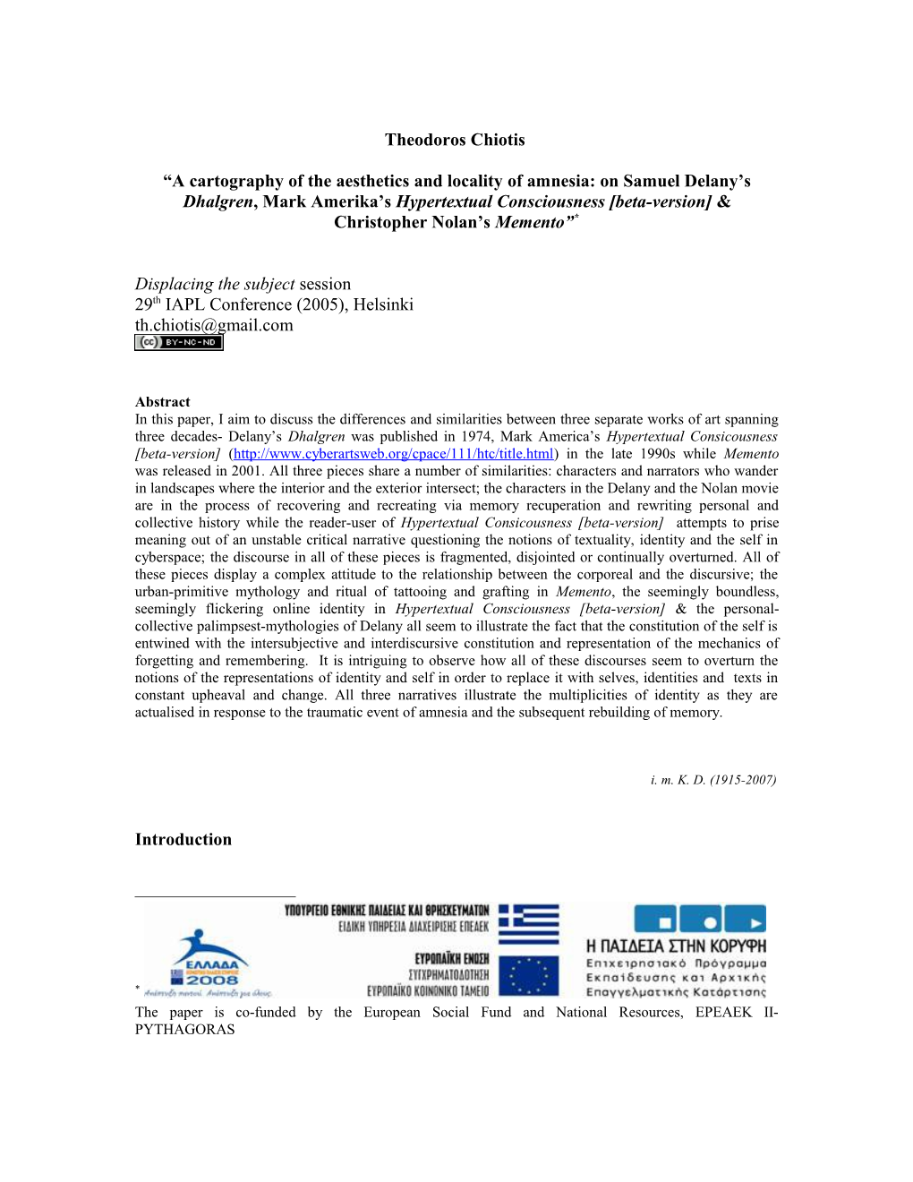 Theodoros Chiotis a Cartography of the Aesthetics and Locality of Amnesia: on Samuel Delany