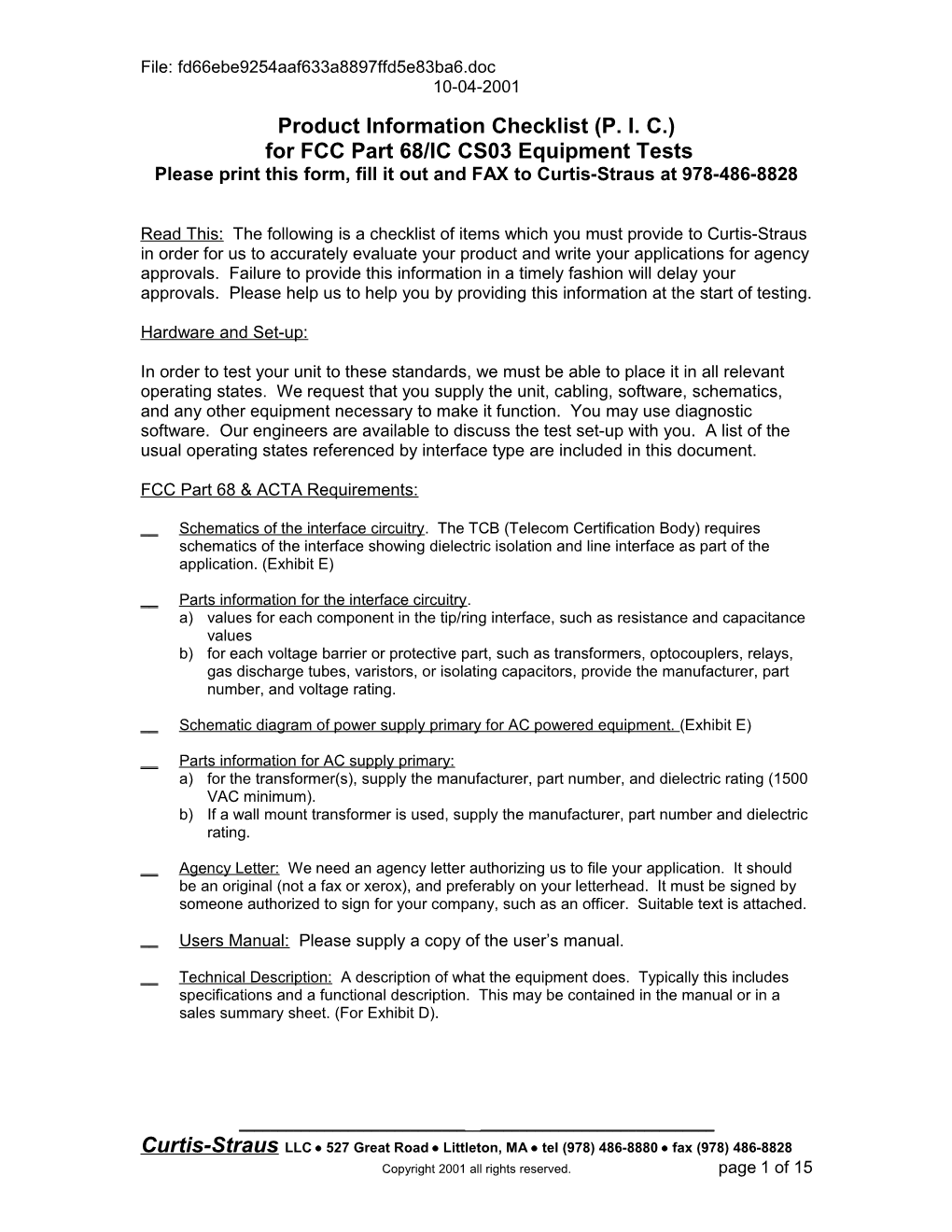 Checklist for FCC Part 68/IC CS03 Equipment Tests