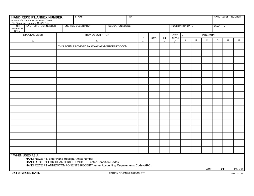 DA 2062 (MS Word) - Armyproperty.Com - Hand Receipt / Annex