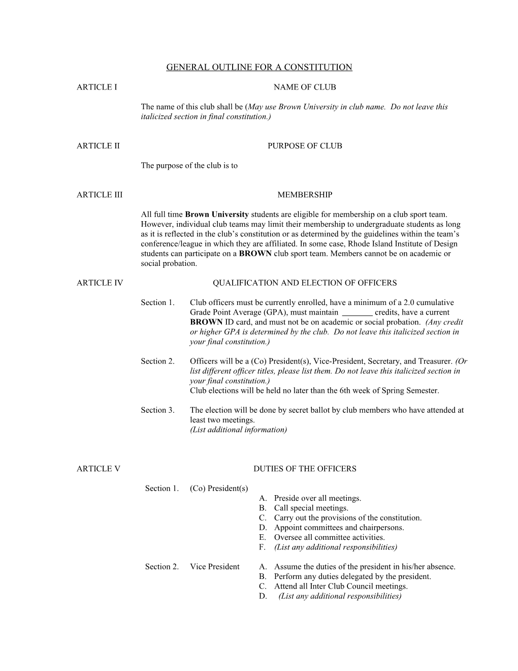 General Outline for a Constitution