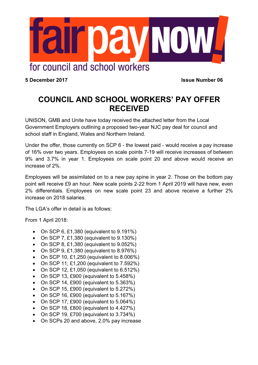 Council and School Workers Pay Offer Received