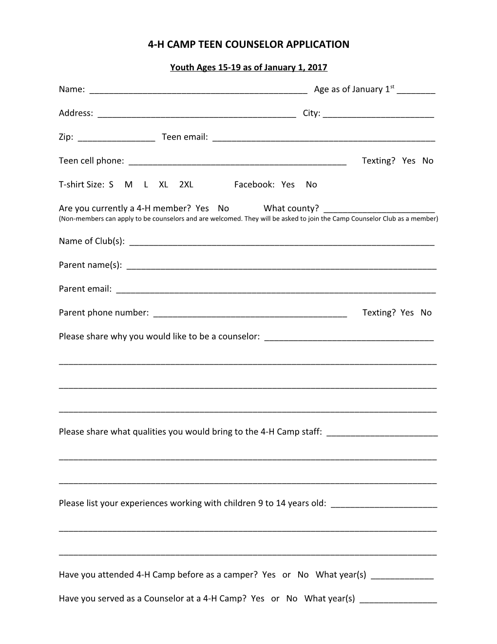 4-H Camp Teen Counselor Application