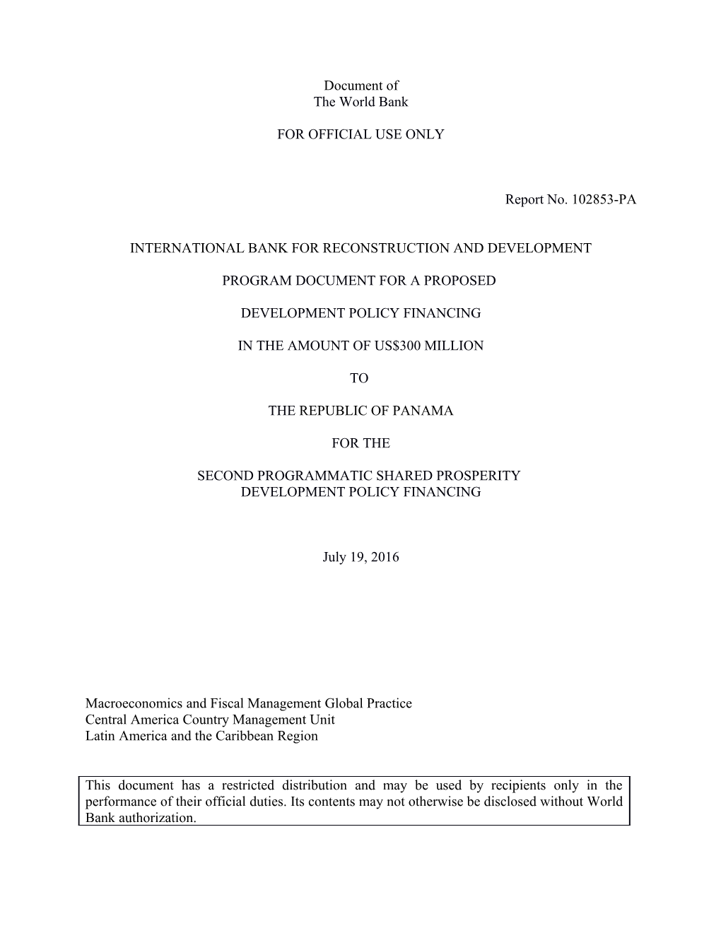 Panama Second Shared Prosperity Development Policy Loan Program Document