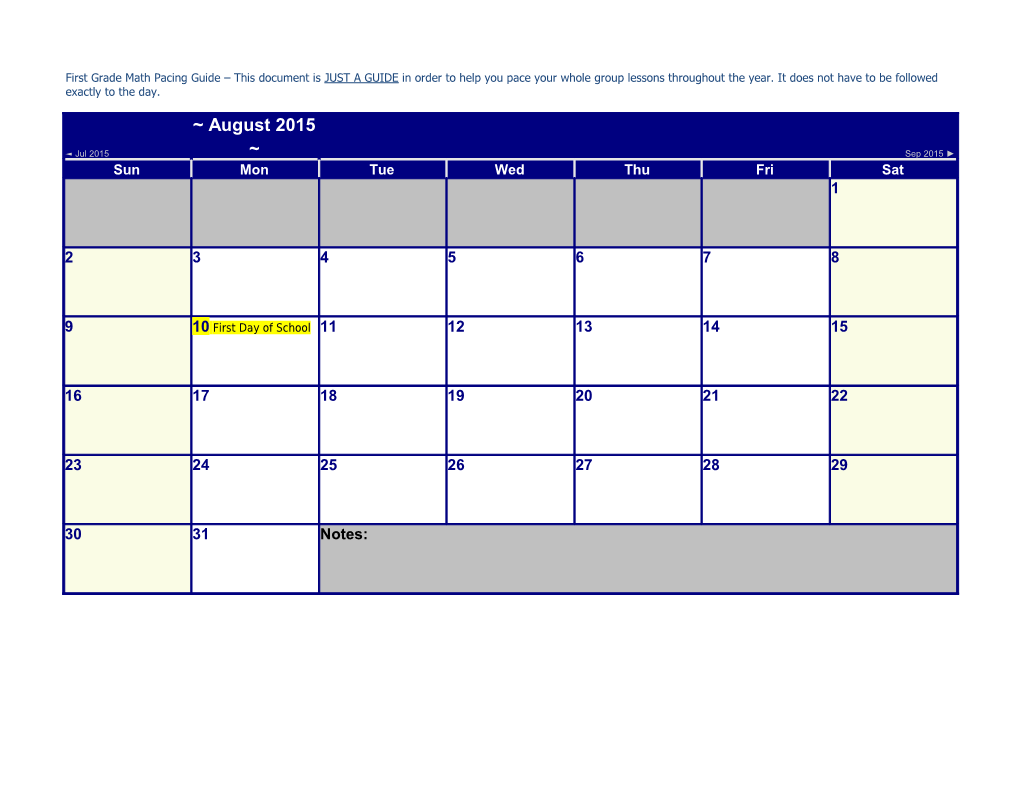 First Grade Math Pacing Guide This Document Is JUST a GUIDE in Order to Help You Pace Your
