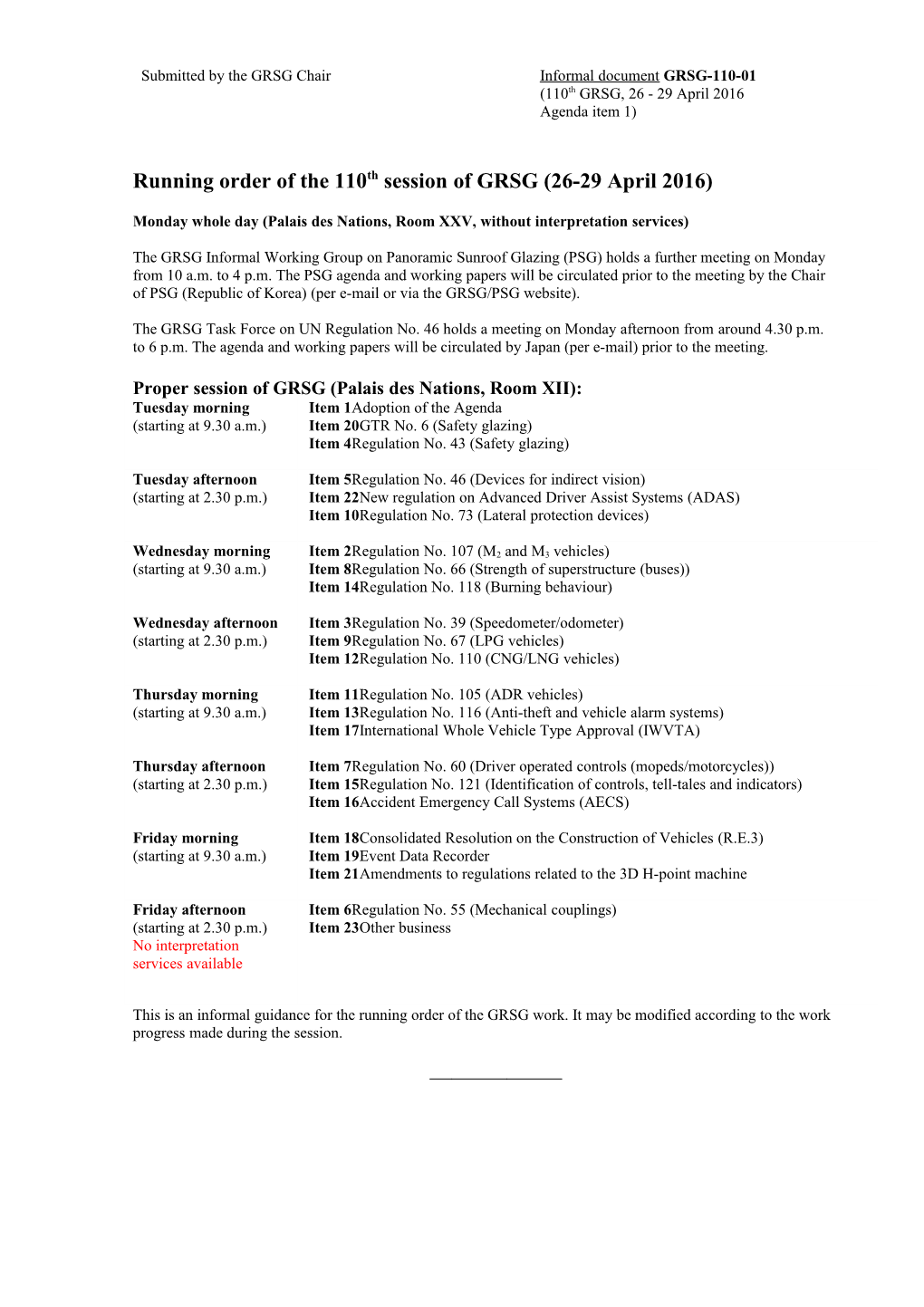Running Order of the 110Th Session of GRSG (26-29April 2016)