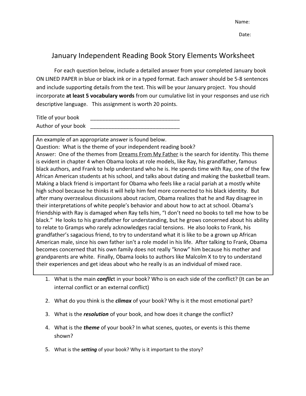 January Independent Reading Book Story Elements Worksheet