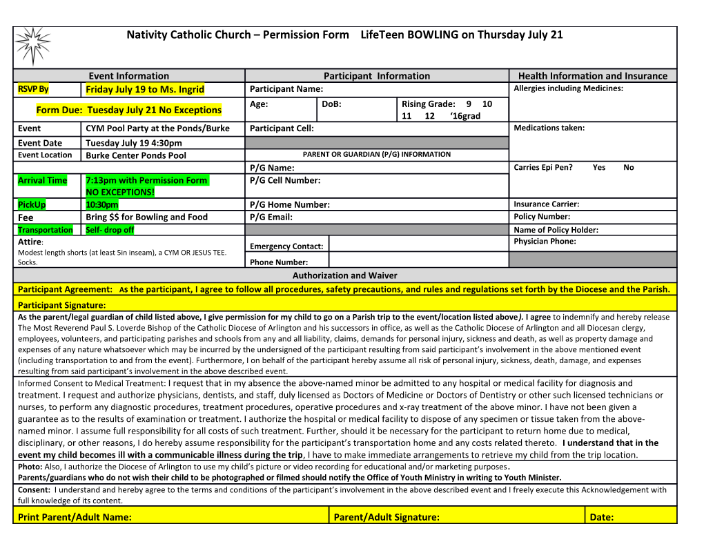 Nativity CYM Field Trip Permission Form Posted Online 4/8/2013