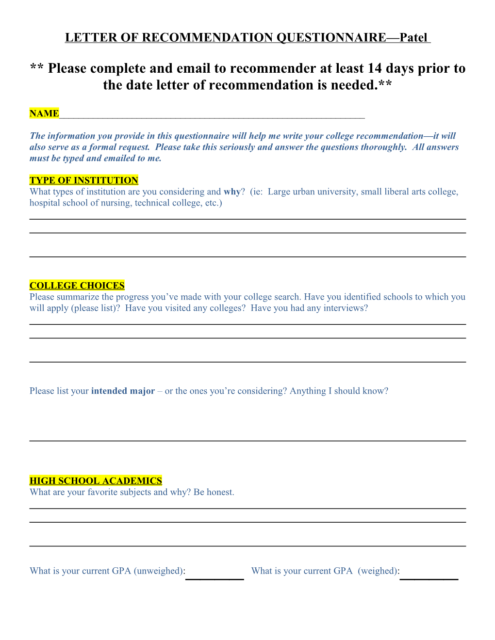 Letter of Recommendation Questionnaire