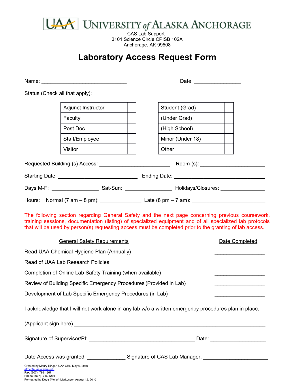 Laboratory Access Request Form