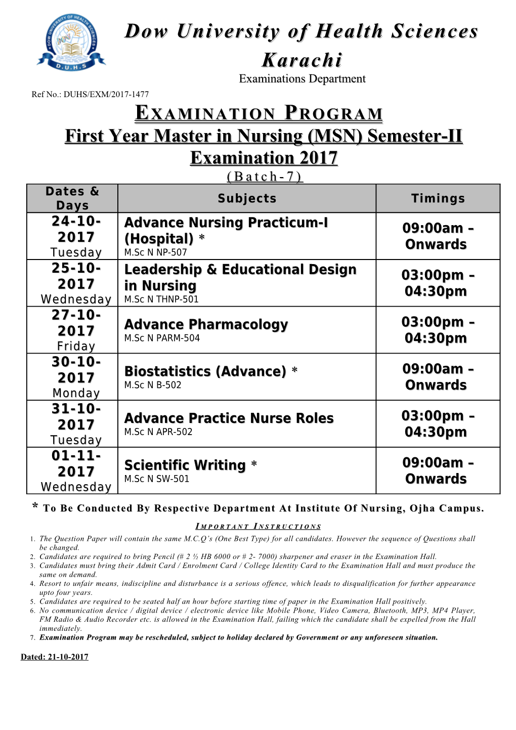 Examination Programme of First Professional MBBS Part a Annual Examination 2005 s1