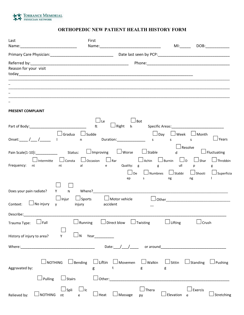 Orthopedic New Patient Health History Form