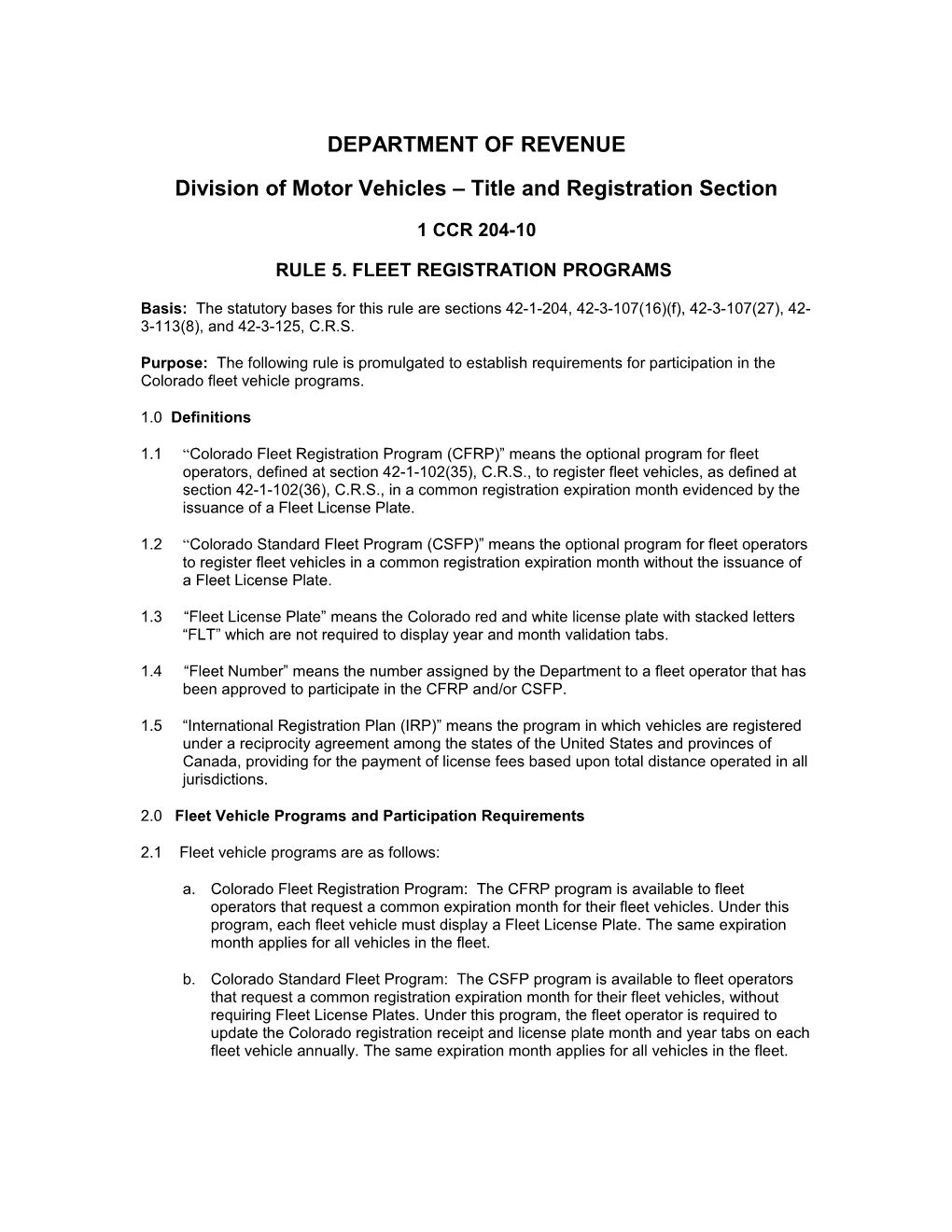 Colorado Fleet Registration Program Rules