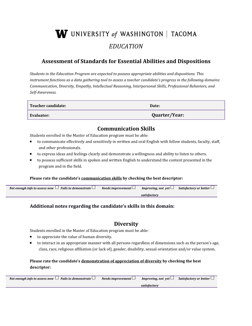 Assessment of Standards for Essential Abilities and Dispositions