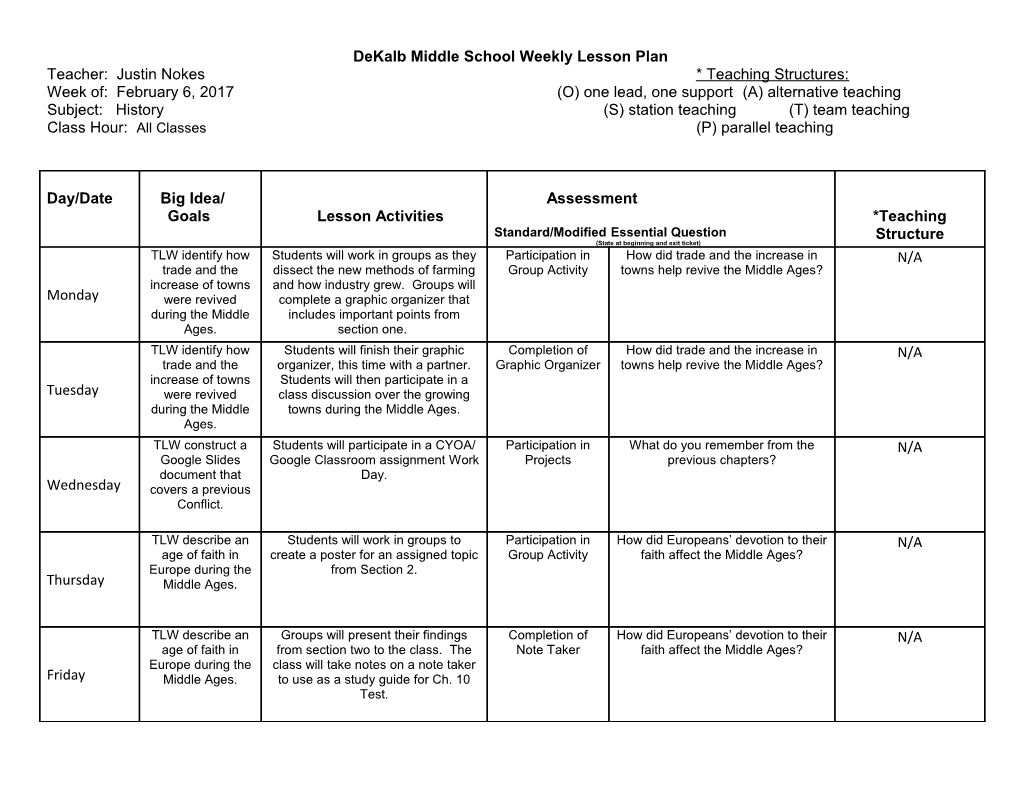 Dekalb Middle School Weekly Lesson Plan