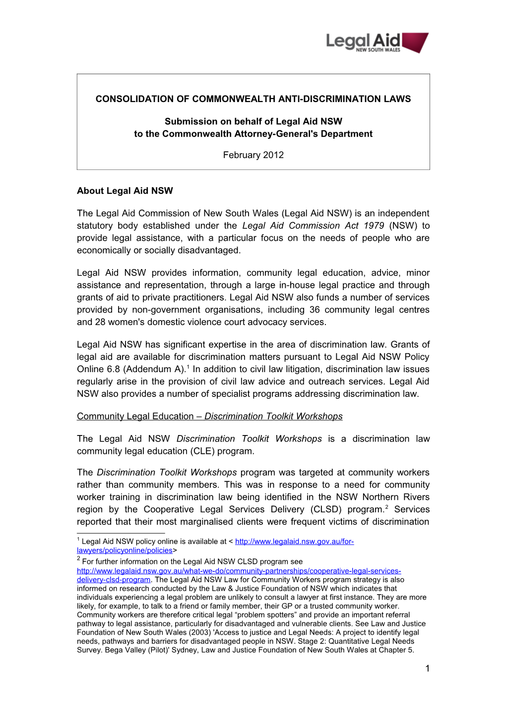 Submission on the Consolidation of Commonwealth Anti-Discrimination Laws - Legal Aid NSW