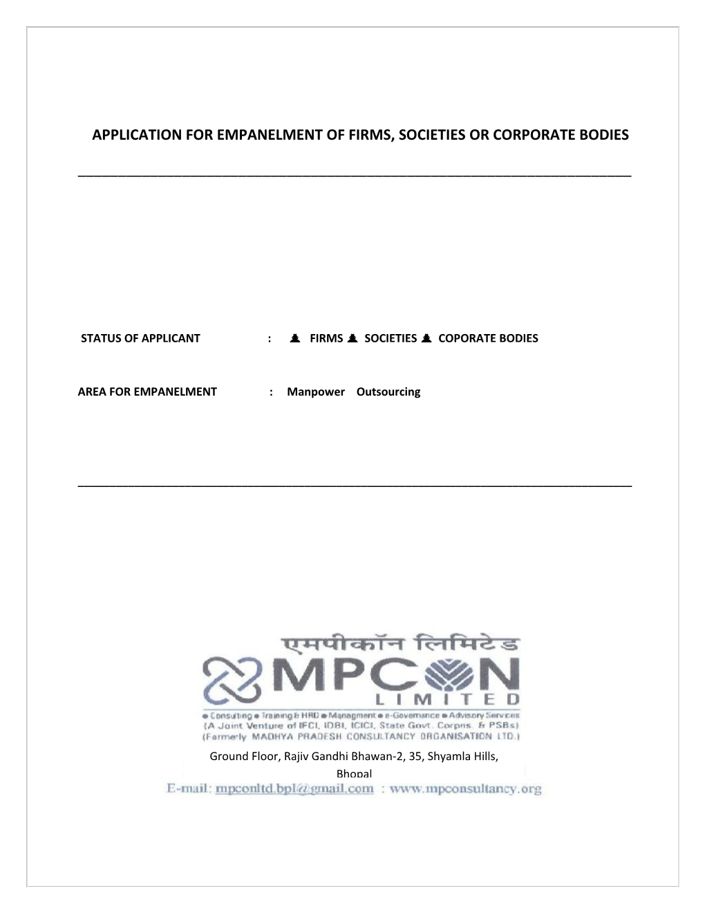 Application for Empanelment of Firms, Societies Or Corporate Bodies
