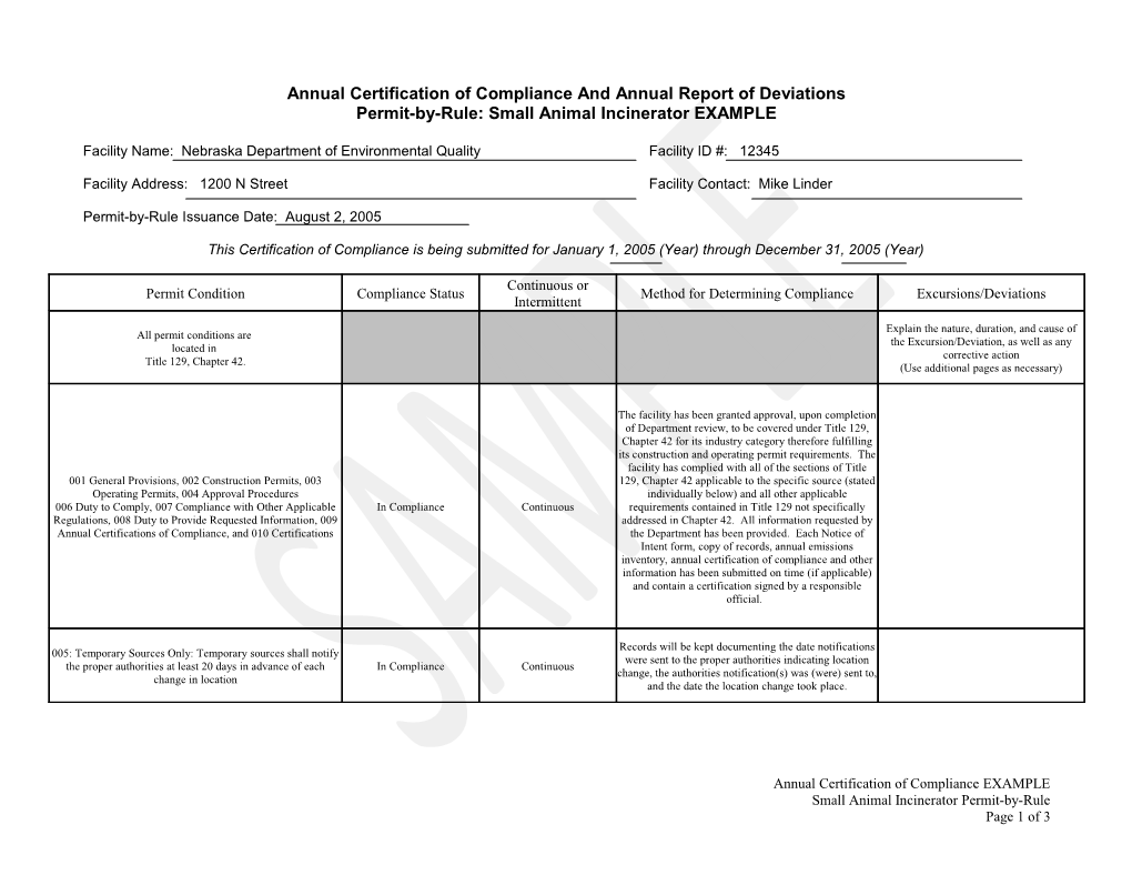 Annual Certification of Compliance and Annual Report of Deviations