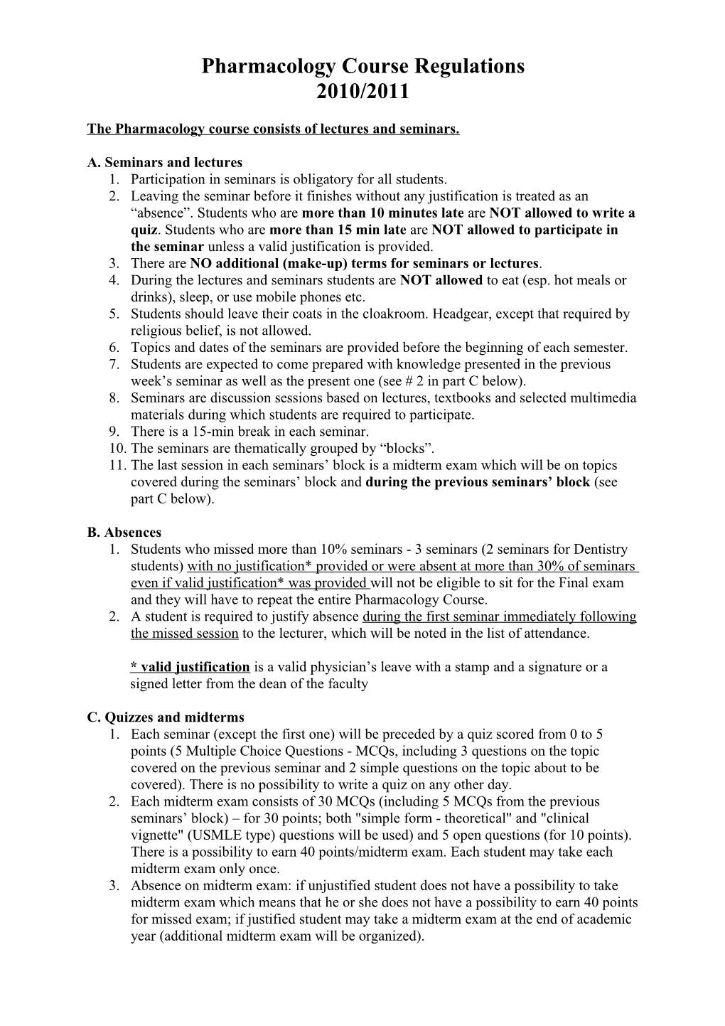 Pharmacology Course Regulations