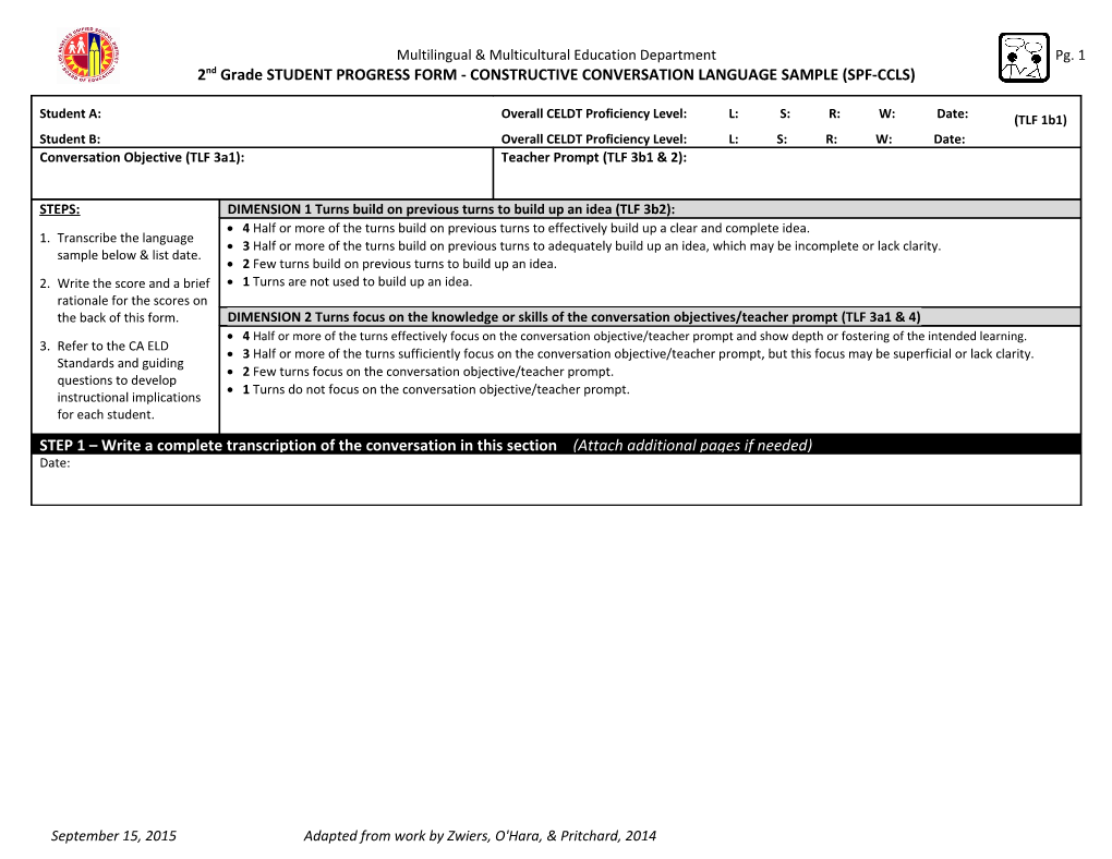 2Nd Grade STUDENT PROGRESS FORM - CONSTRUCTIVE CONVERSATION LANGUAGE SAMPLE (SPF-CCLS)