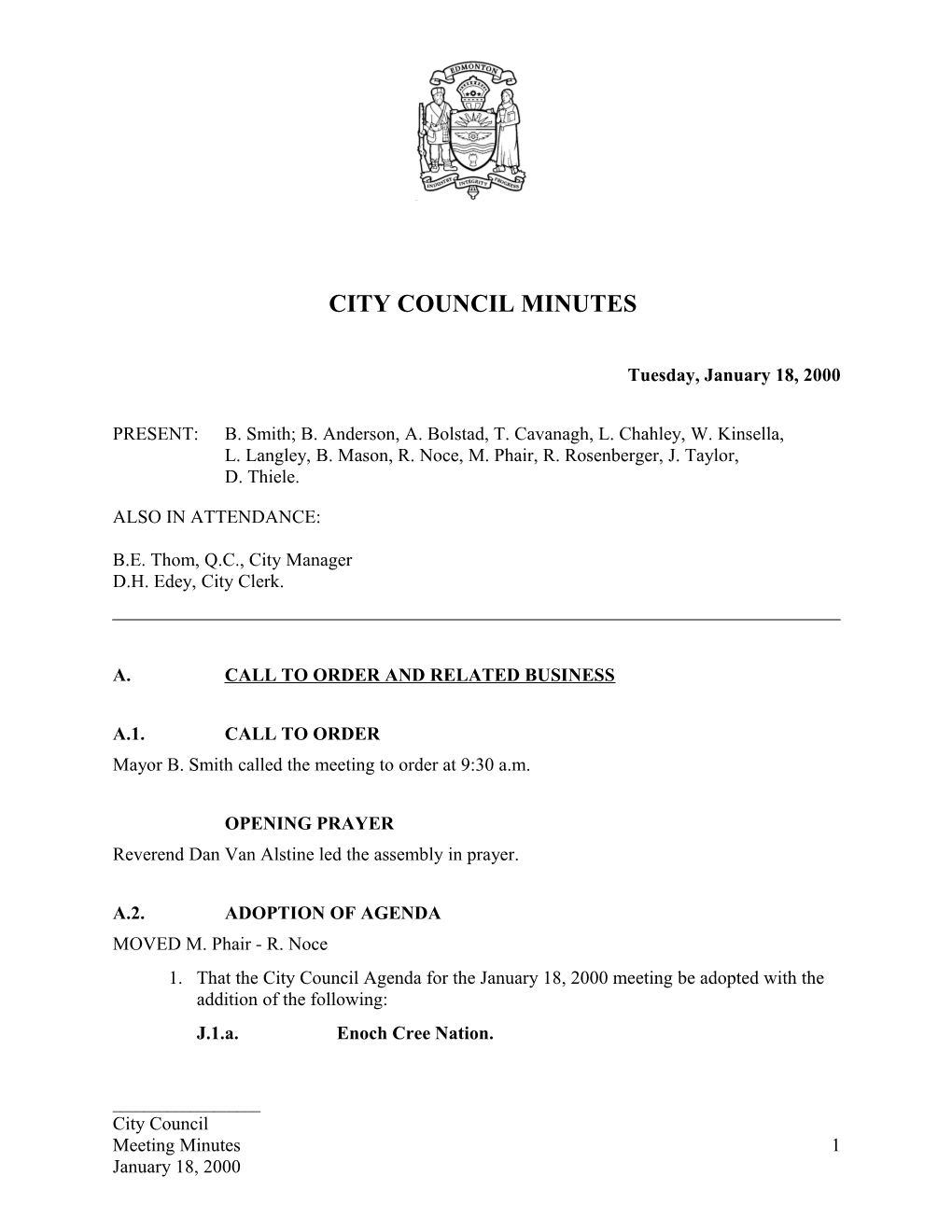 Minutes for City Council January 18, 2000 Meeting