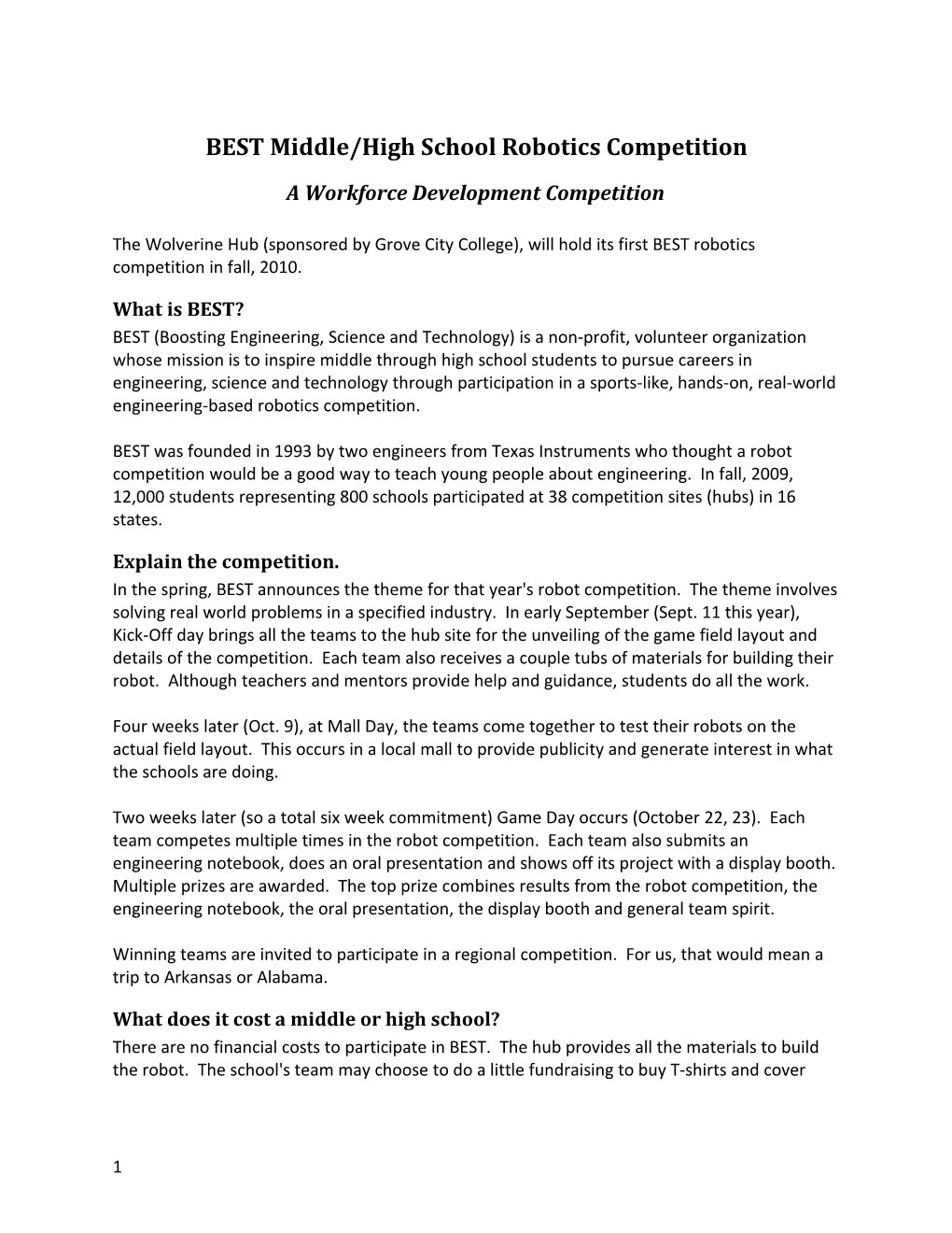 BEST Middle/High School Robotics Competition