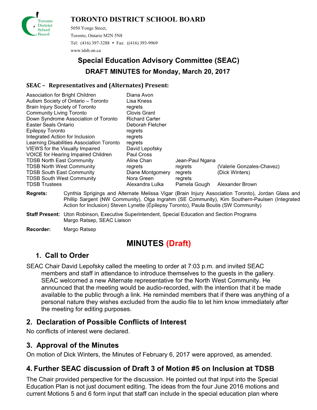 Special Education Advisory Committee (SEAC) TDSB Special Education Reform Draft Motions s2