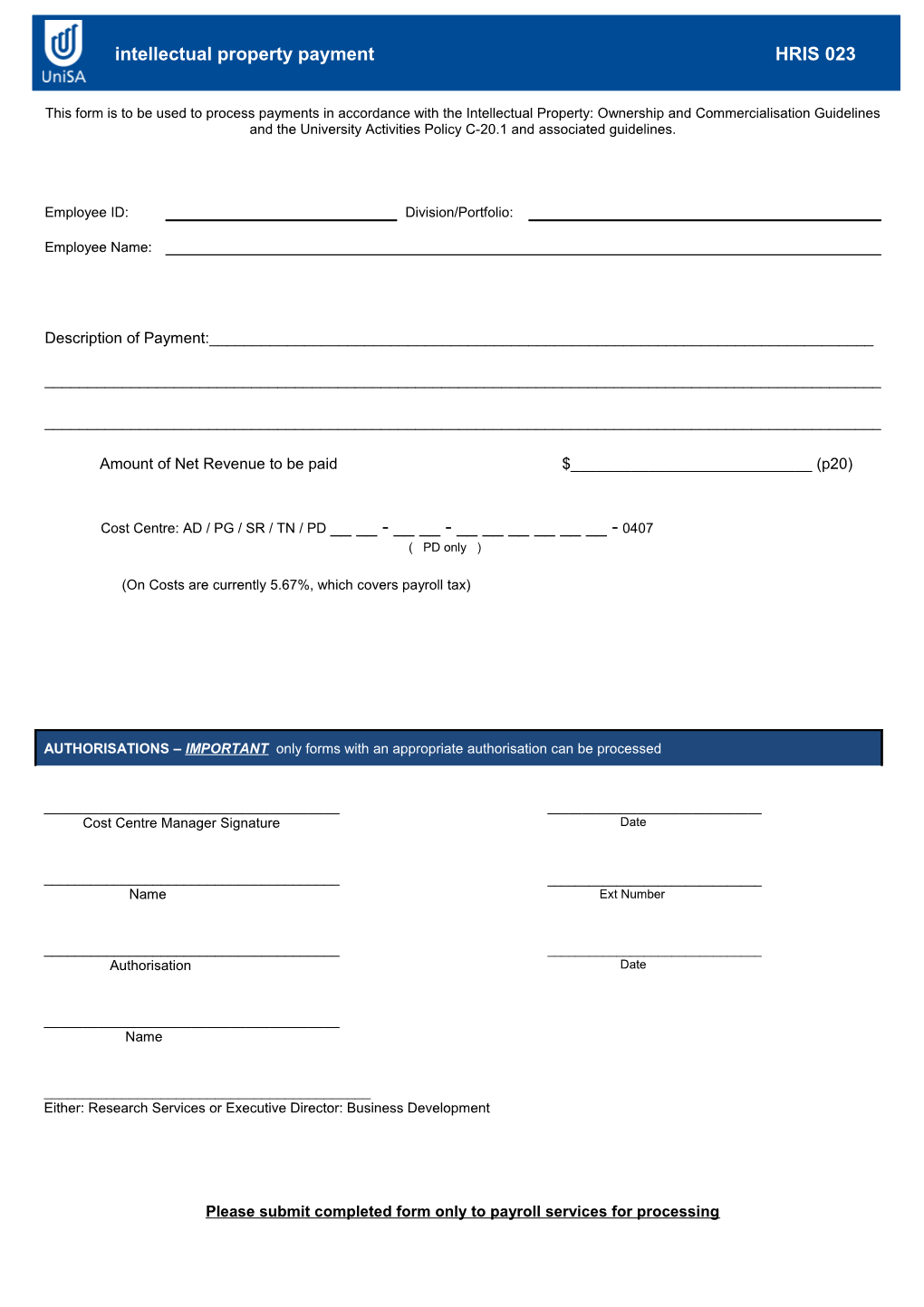 This Form Is to Be Used to Process Payments in Accordance with the Intellectual Property