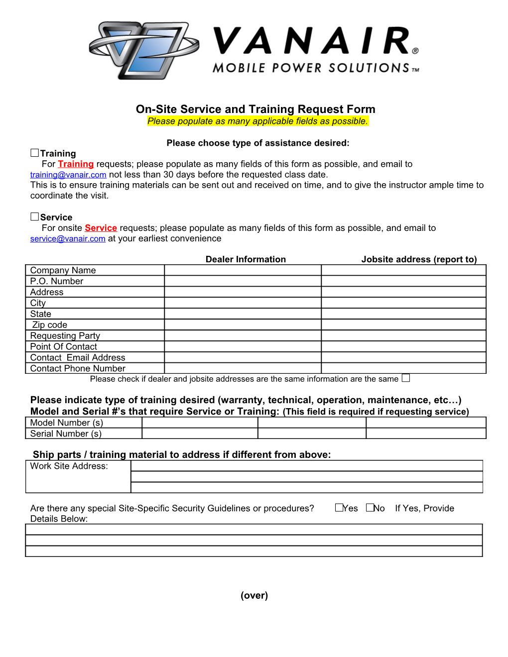 On-Site Service and Training Request Form