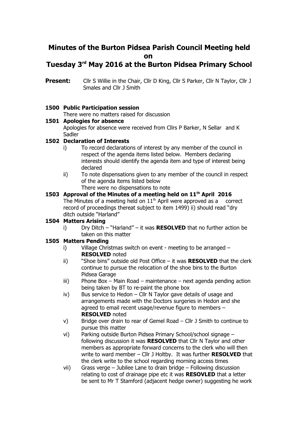 Minutes of the Burton Pidsea Parish Council Meeting Held On