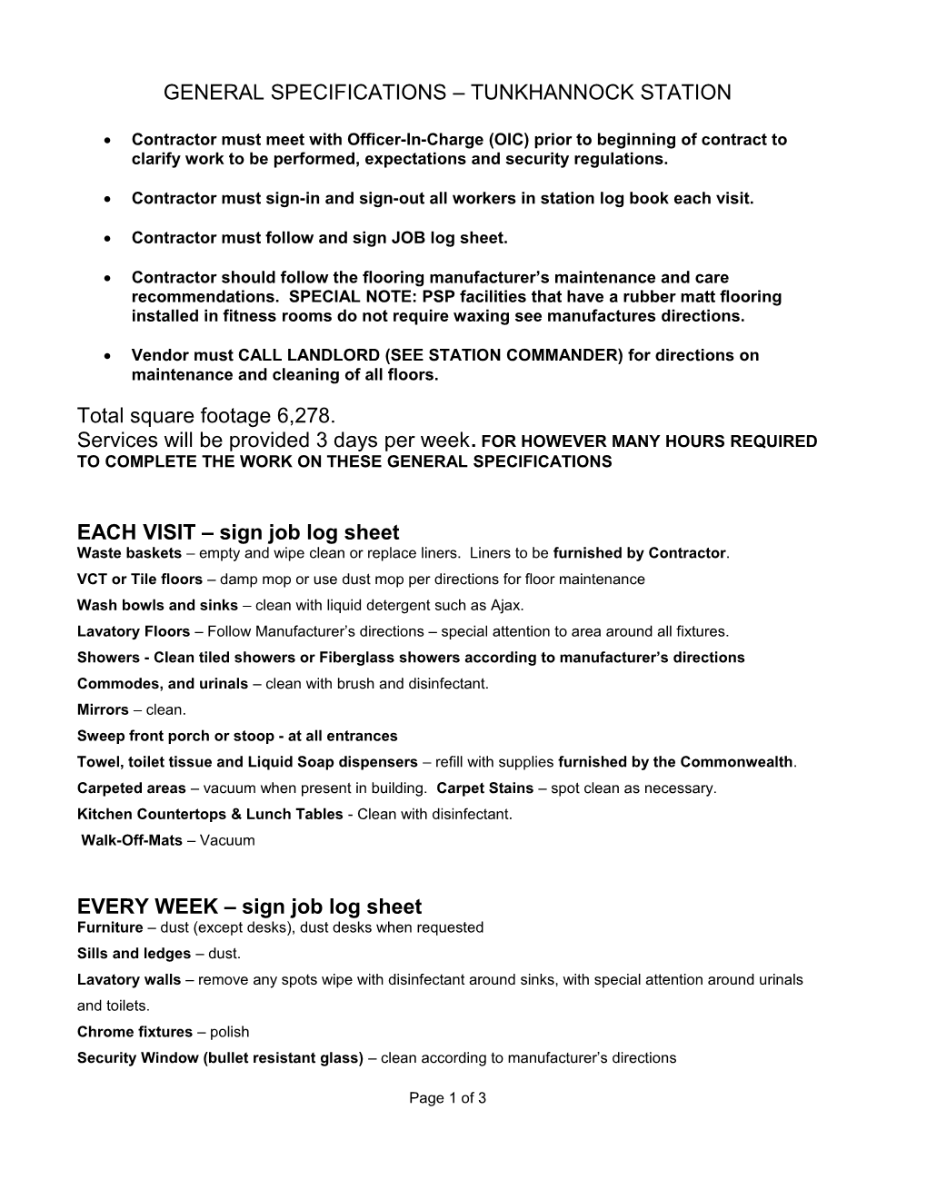 General Specifications Tunkhannock Station