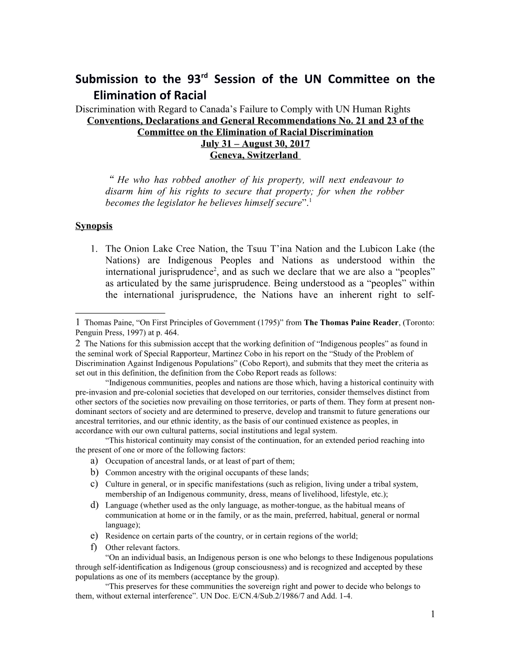 Submission to the 93Rd Session of the UN Committee on the Elimination of Racial