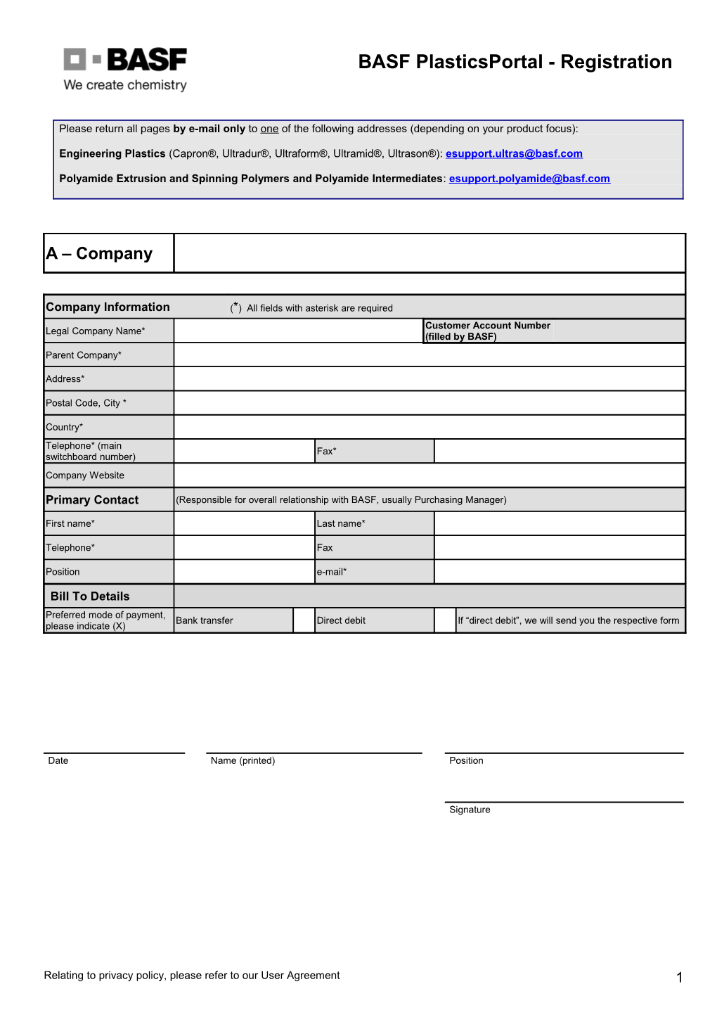 E-Commerce Registration Form for BASF Customers