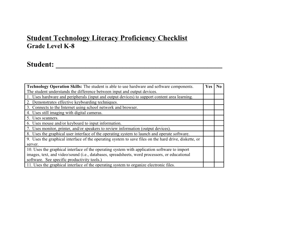 Student Technology Literacy Proficiency Checklist