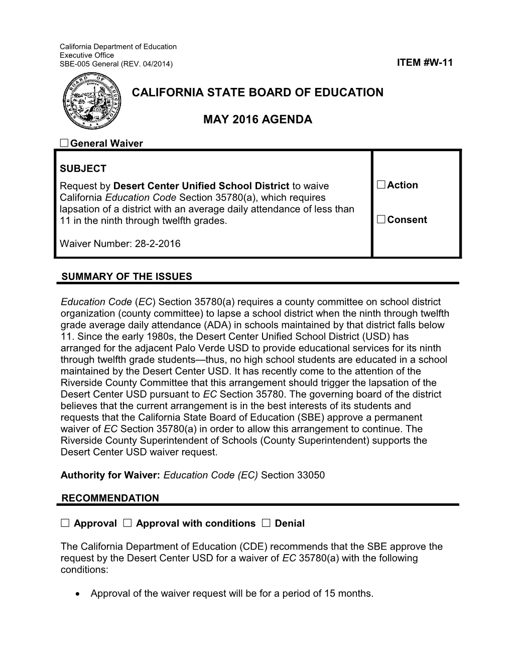 May 2016 Waiver Item W-11 - Meeting Agendas (CA State Board of Education)