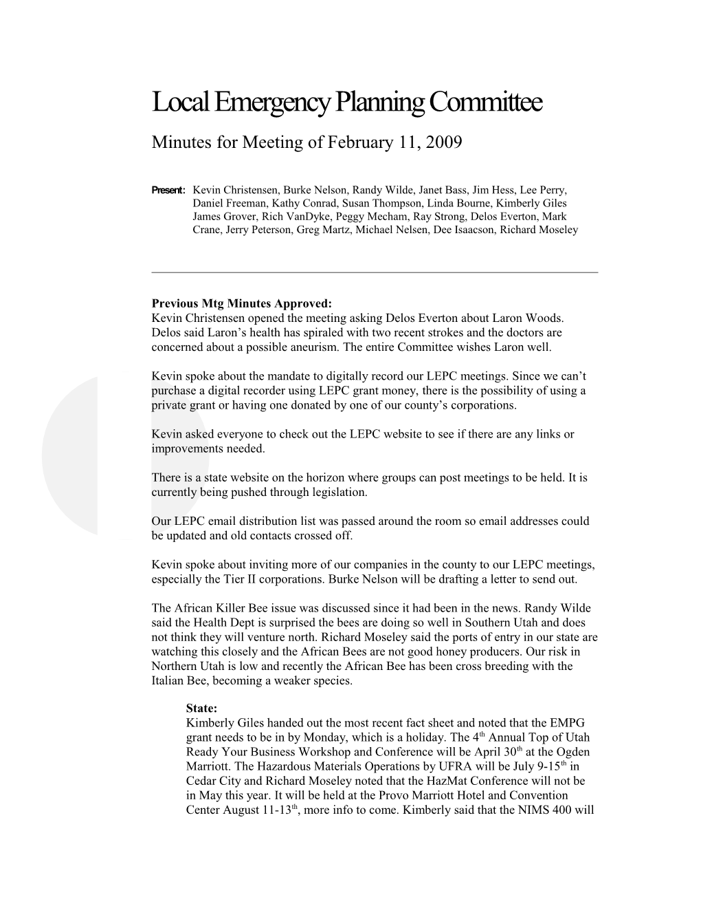 Local Emergency Planning Committee Minutes for Meeting of February 11, 2009 s1