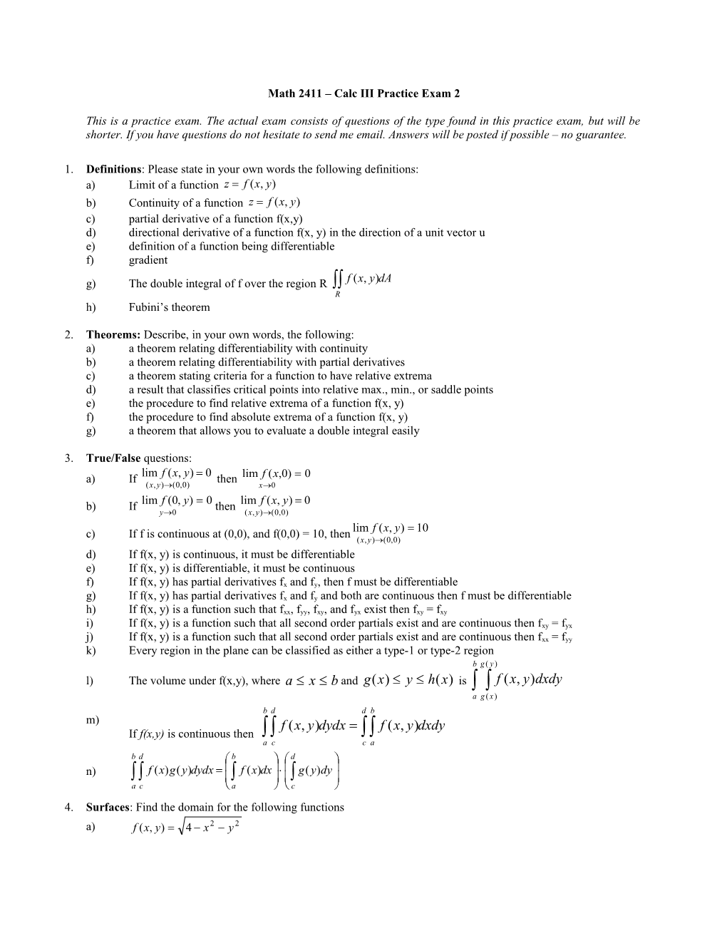 Math 2511 – Calc III Practice Exam 1