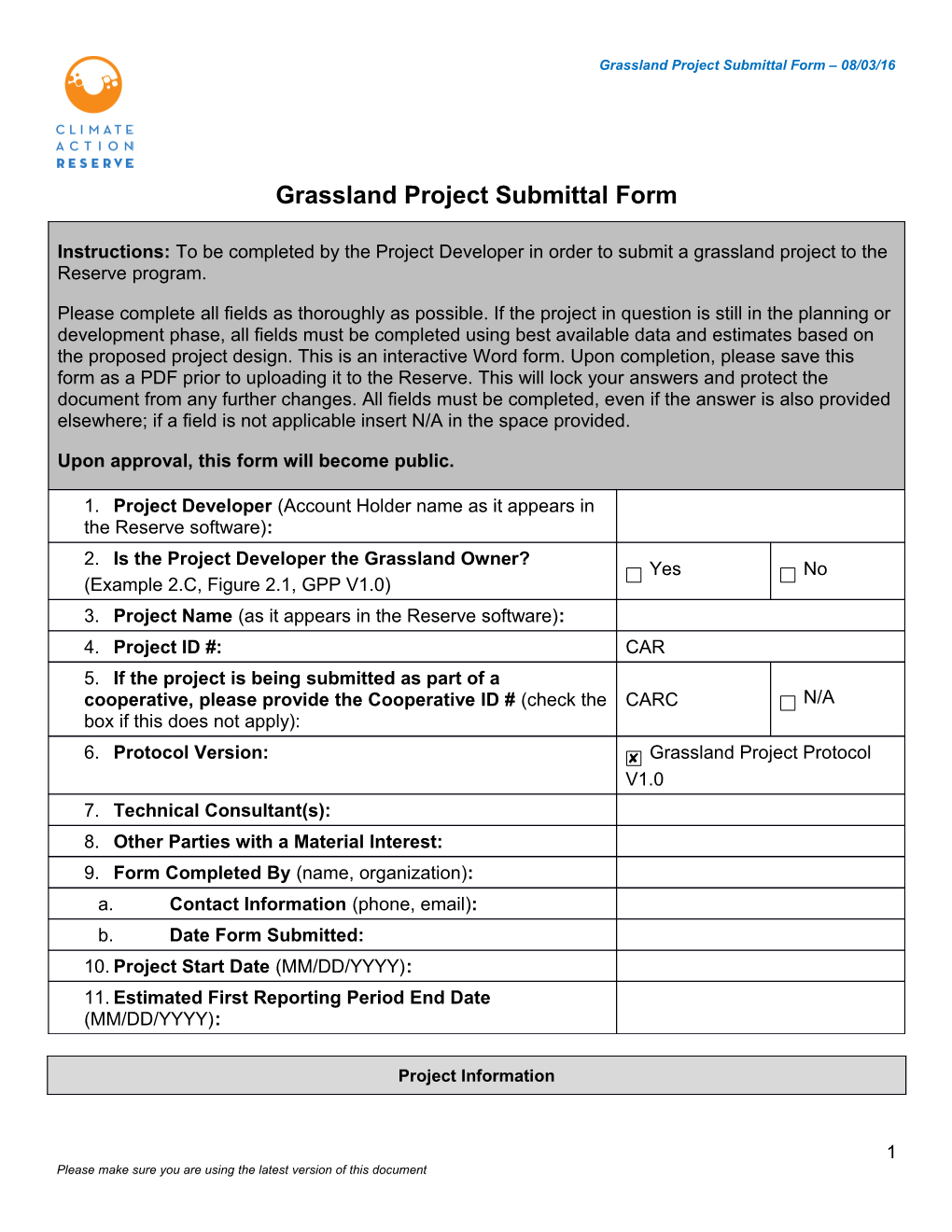 Grassland Project Submittal Form