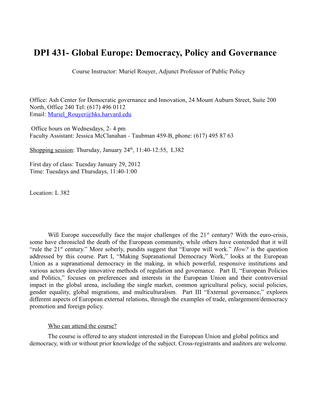 DPI 431- Global Europe: Democracy, Policy and Governance