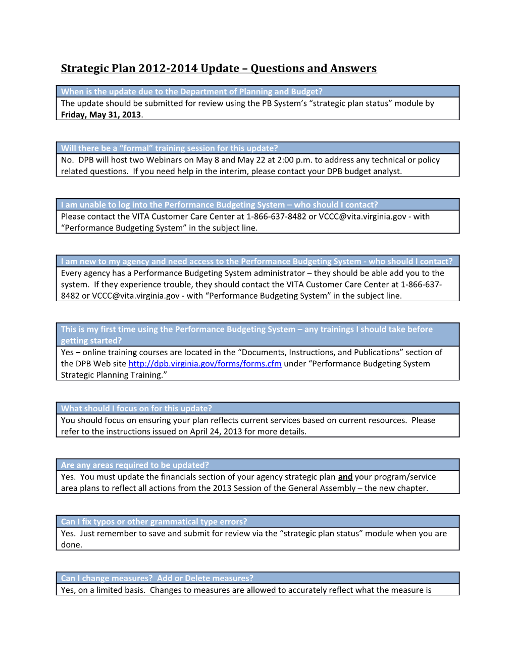 Strategic Plan 2012-2014 Update Questions and Answers