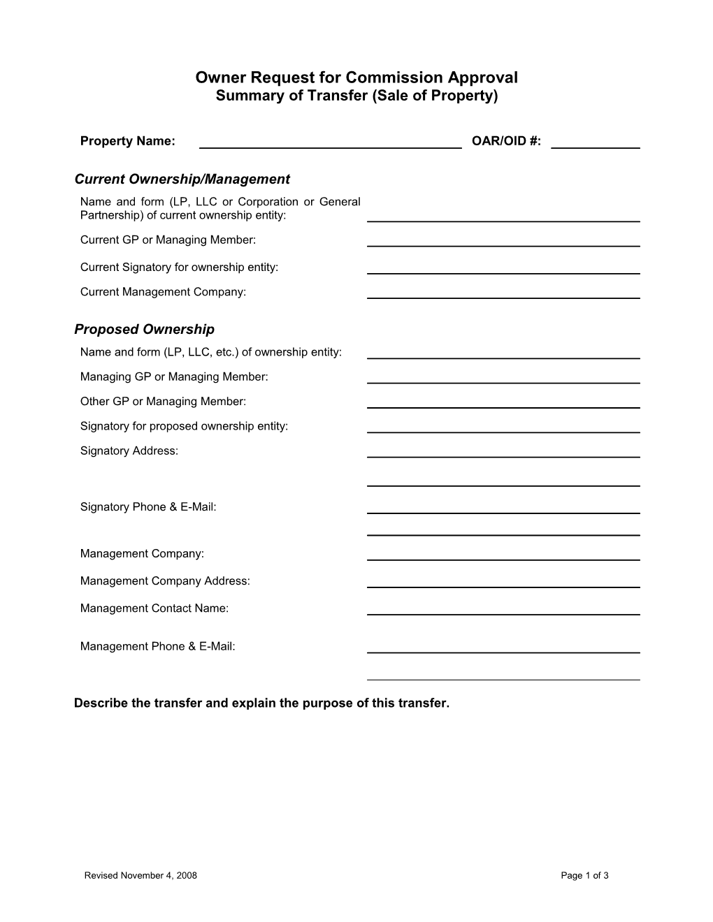 WSHFC AMC Tax Credit Compliance: Summary of Transfer (Sale of Property)