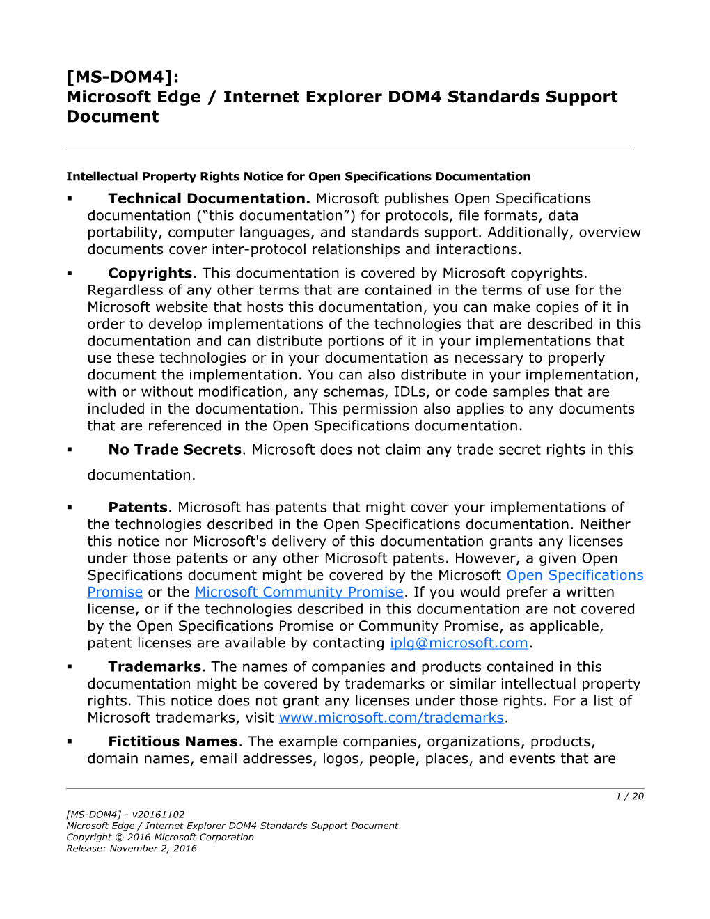 Microsoft Edge / Internet Explorer DOM4 Standards Support Document