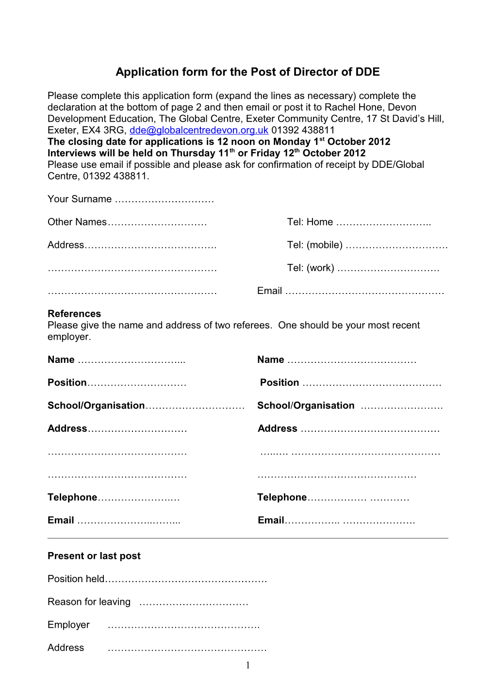 Application for the Post of Window on the World Programme Co-Ordinator