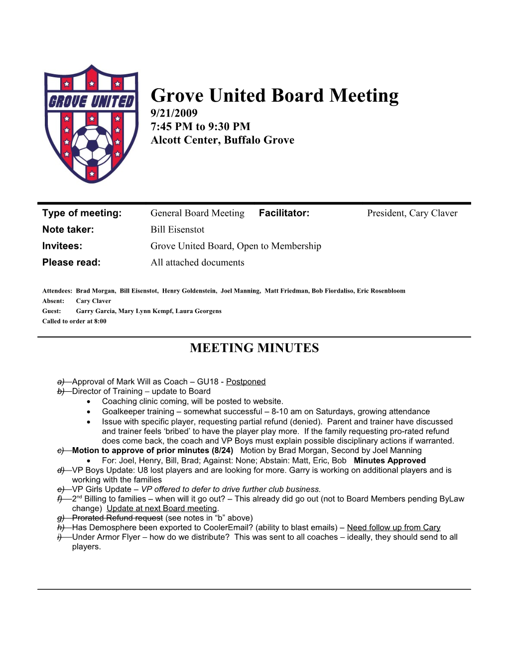 Grove United Board Meeting