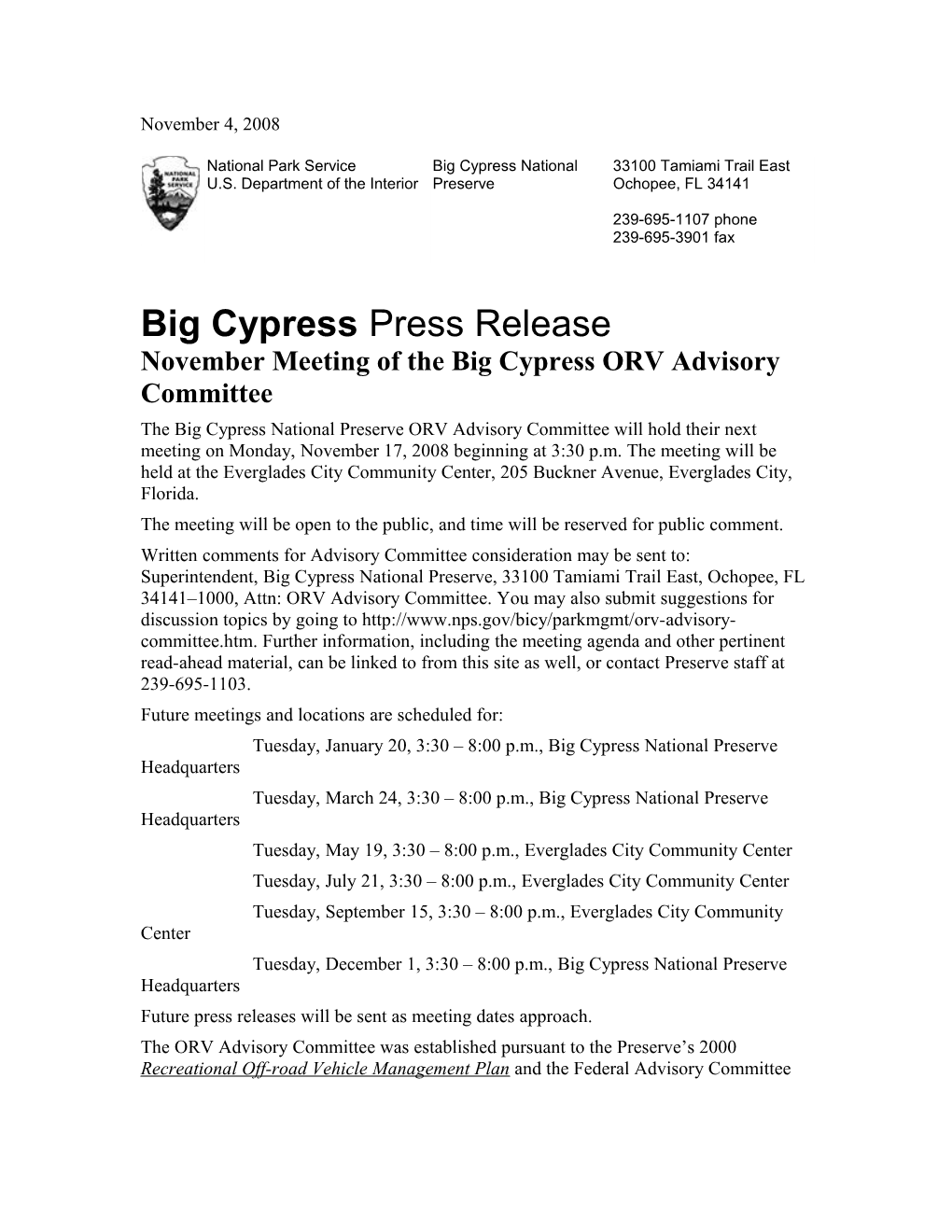 November Meeting of the Big Cypress ORV Advisory Committee