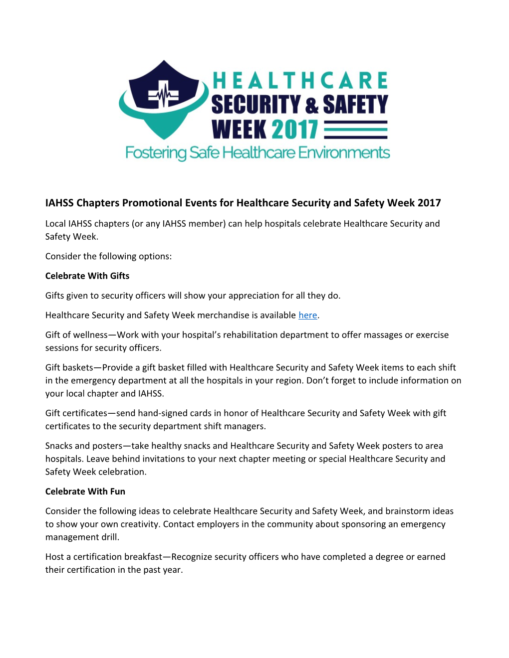 IAHSS Chapters Promotional Eventsfor Healthcare Security and Safety Week 2017