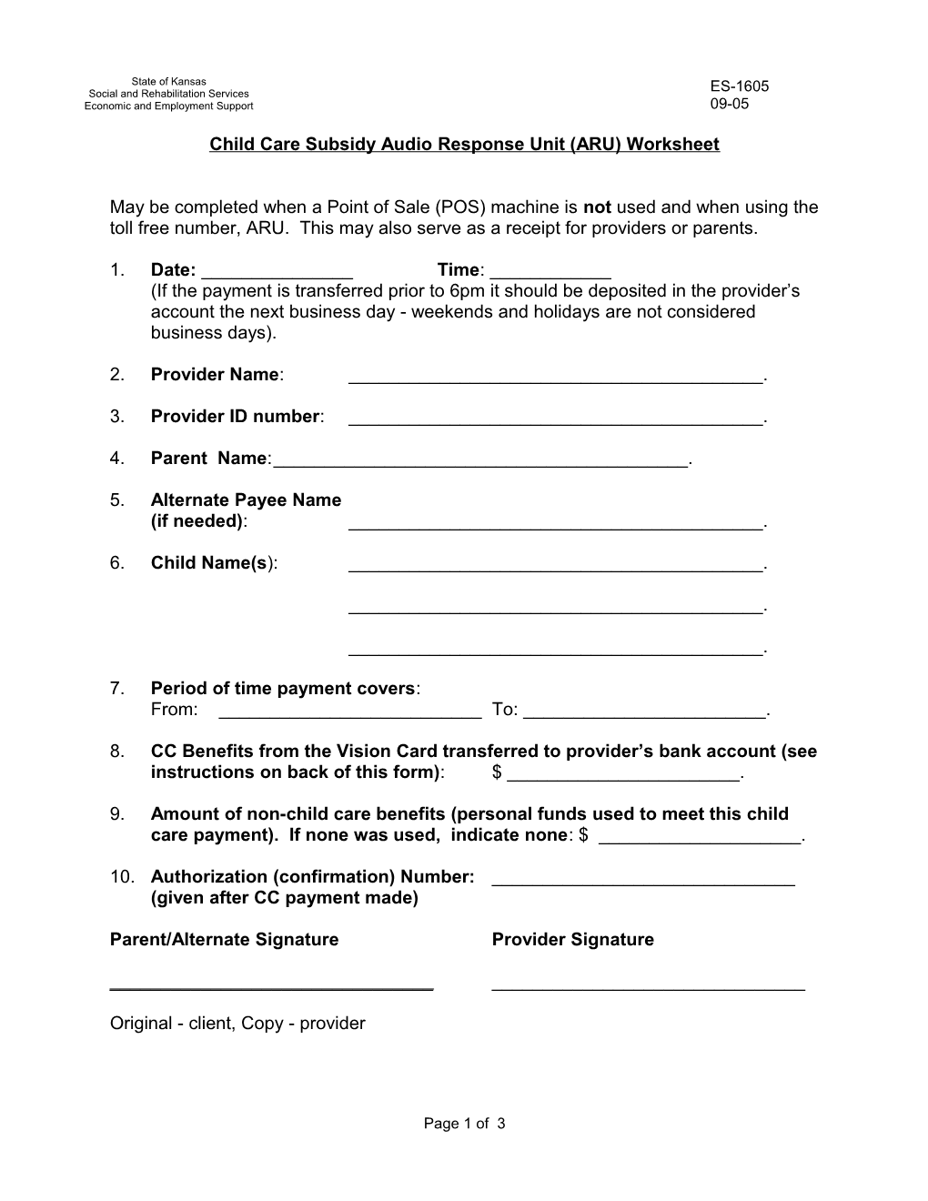 Child Care Subsidy Audio Response Unit (ARU) Worksheet