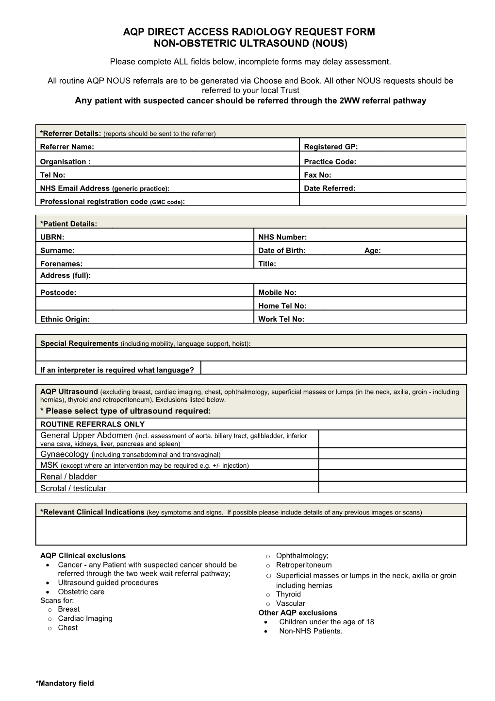 Aqp Direct Access Radiology Request Form