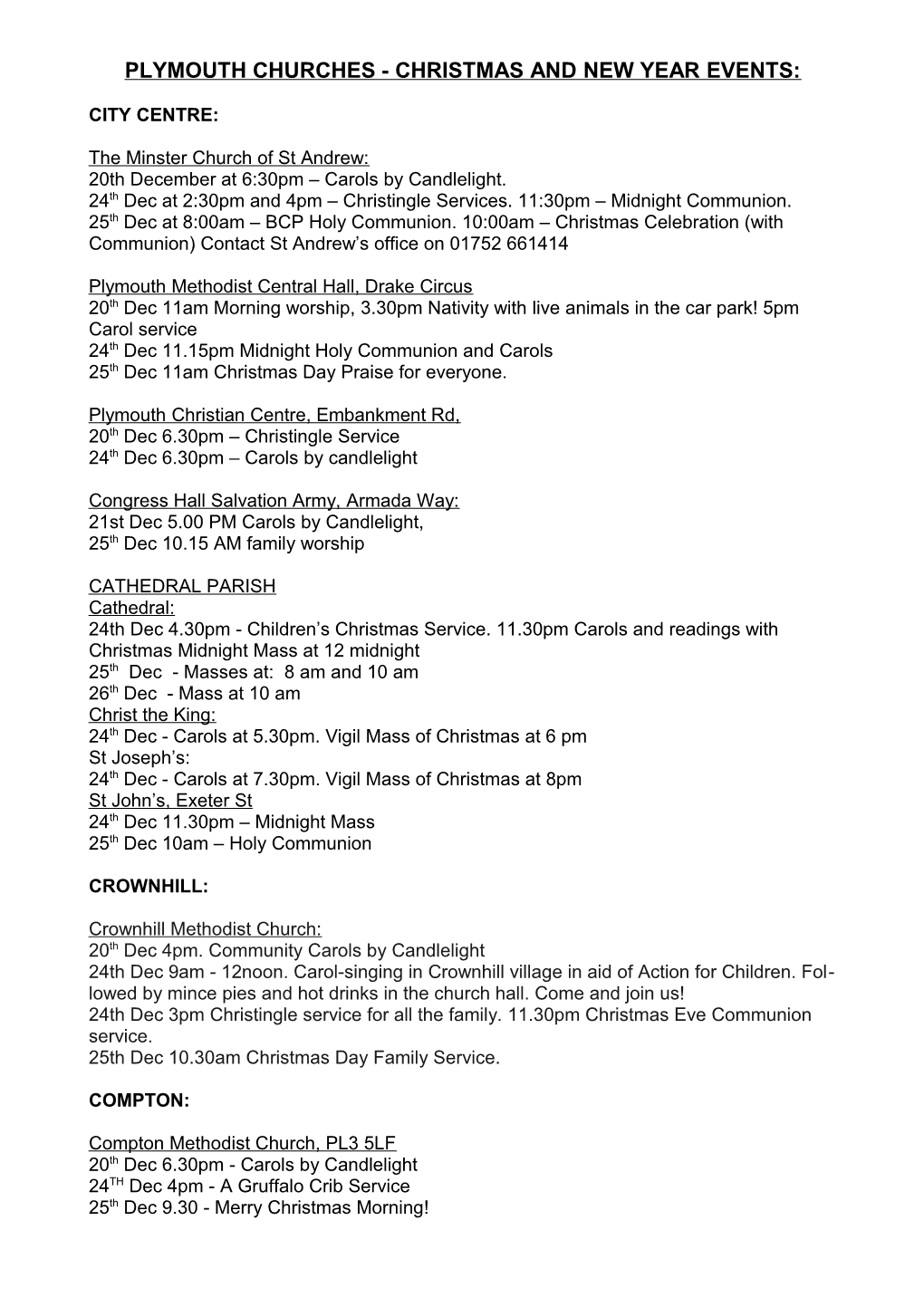 Plymouth Churches - Christmas and New Year Events