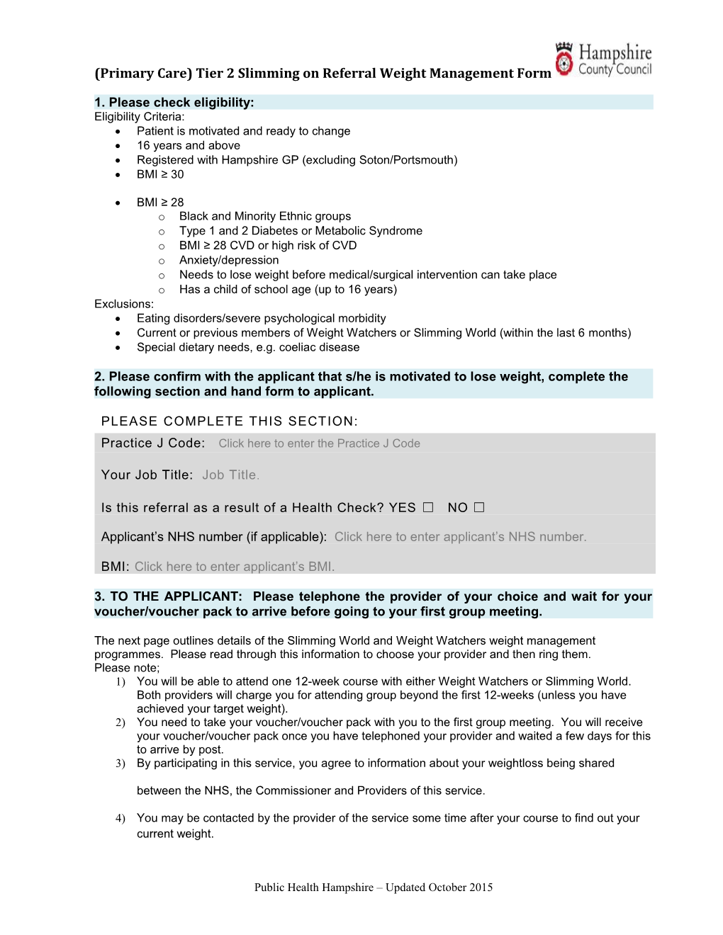 Hampshire Slimming on Referral Form