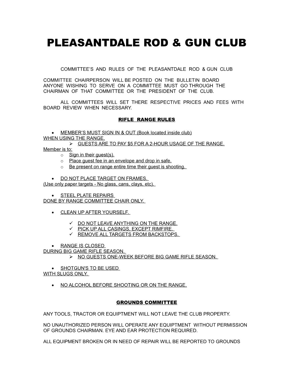 Committee S and Rules of the Pleasantdale Rod & Gun Club